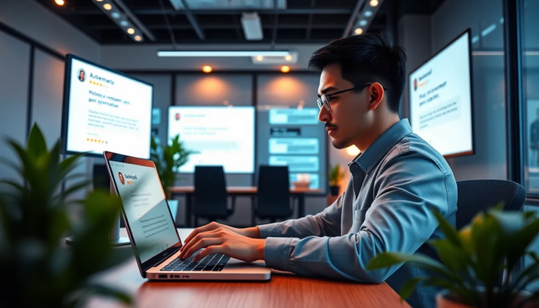 Une personne concentrée tapant sur un ordinateur portable dans un bureau moderne, entourée d'écrans numériques affichant des réponses automatisées et des avis clients positifs, ambiante productive avec des plantes et un éclairage doux.