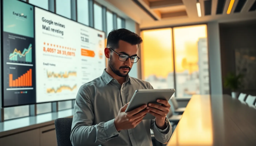 Un professionnel dans un bureau moderne utilisant une tablette numérique pour afficher des avis Google, avec des statistiques de marketing par email sur un grand écran en arrière-plan, illuminé par une lumière douce.