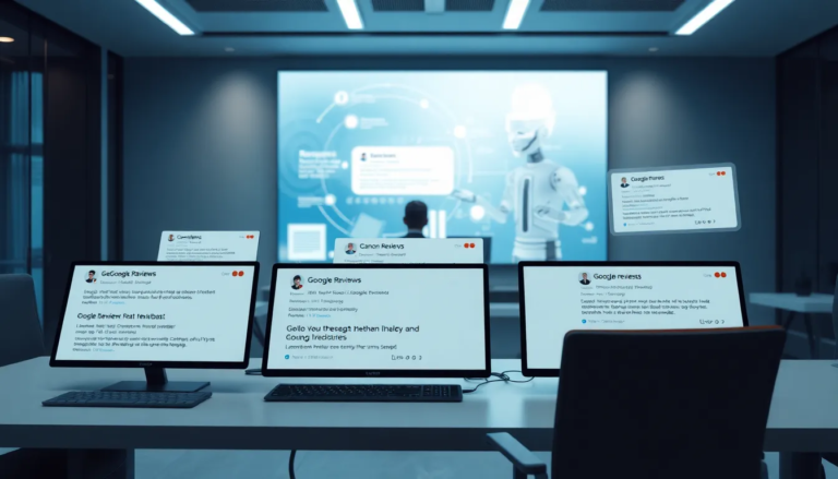 Un bureau moderne avec un bureau épuré et des appareils numériques affichant des réponses multilingues aux avis Google, un employé interagissant avec une interface holographique, et un grand écran traitant des données IA, le tout dans une ambiance apaisante de bleu et blanc.