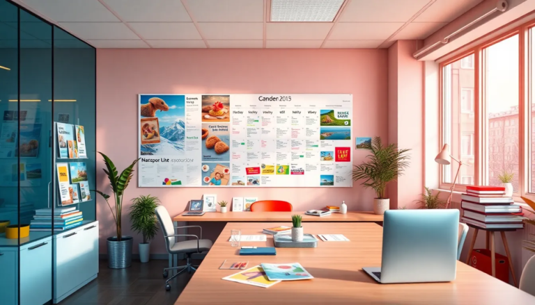 Bureau marketing vibrant avec des matériaux promotionnels colorés pour les saisons, affichant un calendrier de planification avec des campagnes d'été et d'hiver, ambiance moderne et engageante.