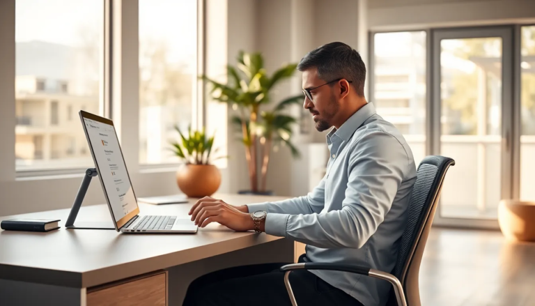 Un espace de travail moderne et minimaliste où un propriétaire d'entreprise interagit avec un appareil numérique affichant des avis Google, baigné de lumière naturelle et agrémenté d'une plante.