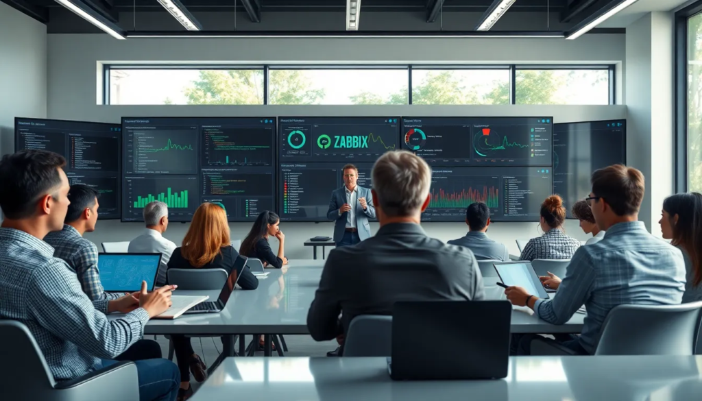Session de formation professionnelle dans un bureau moderne avec des écrans affichant des interfaces de logiciels de supervision comme Zabbix et Nagios, participants engagés prenant des notes et interagissant sur des ordinateurs portables.