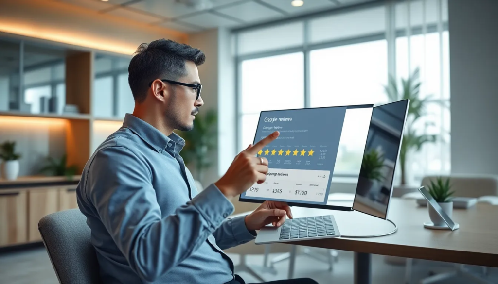 Un professionnel dans un bureau moderne, analysant les métriques des avis Google sur une interface numérique élégante, entouré de mobilier contemporain et bénéficiant d'une ambiance lumineuse et professionnelle.