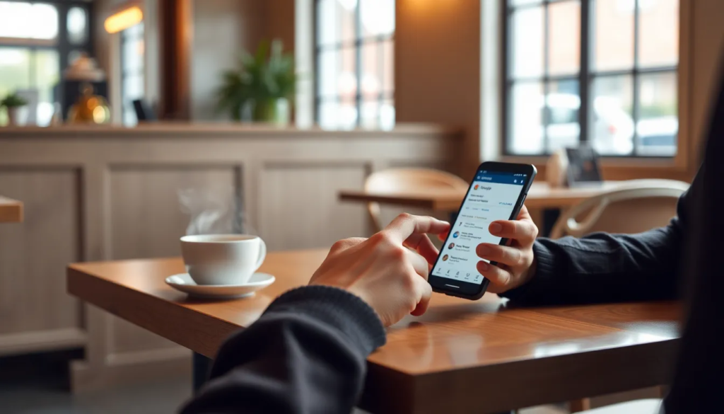 Personne assise à une table de café, utilisant son smartphone pour répondre à des avis Google dans un environnement moderne et accueillant avec lumière naturelle.