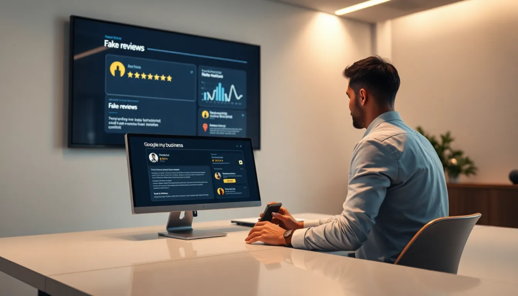 Une personne professionnelle assise à un bureau moderne, focalisée sur un écran d'ordinateur affichant l'interface Google My Business, avec un moniteur digital en arrière-plan montrant des indicateurs de faux avis et des graphiques. Ambiance de gestion de réputation en ligne.