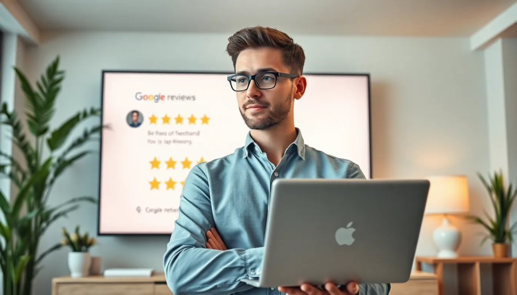 Professionnel confiant devant un écran affichant des avis positifs et des étoiles Google, répondant à des retours clients sur un ordinateur portable dans un bureau moderne et accueillant.