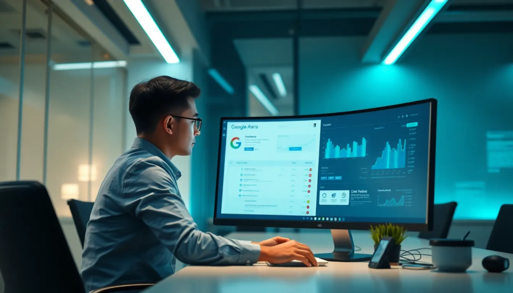Un professionnel dans un bureau moderne configure des alertes Google sur un grand écran haute résolution, entouré d'éléments de surveillance numérique comme des graphiques flottants et des notifications, dans une ambiance productive avec des éclairages doux bleus et verts.